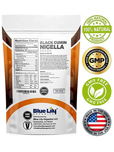 Blue Lily Organics | Raw Nigella Black Cumin Seeds (Nigella Sativa) | Certified Organic Ingredients | Non-GMO & Gluten Free | Healthy Spice w/ Antioxidant & Anti Inflammatory Qualities | 8oz Bag