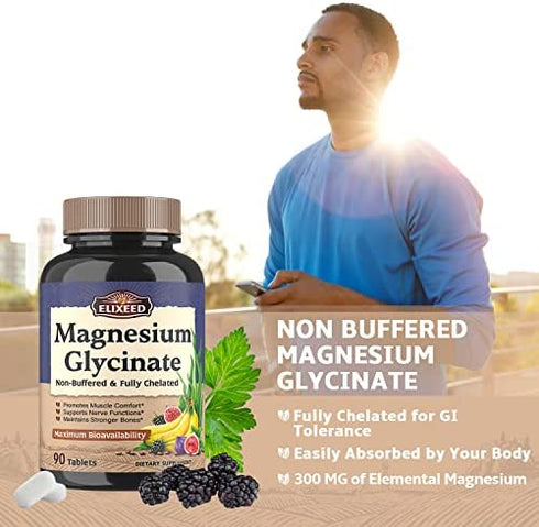 Elixeed Magnesium Glycinate, 300 mg of Elemental Magnesium, Chelated & Non-Buffered, Maximum Bioavailability, for Muscle, Bone & Nerve Health, Promotes Relaxation, 90 Tablets, Non-GMO & No Gluten