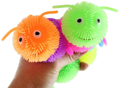 Curious Minds Busy Bags Set of 2 Puffer Caterpillar 5.5" Fidget Sensory Toy - 4 Section Tactile Toy Bug- Squishy Squeezey Sensory Squeeze Air Filled Balls OT (Random Colors)