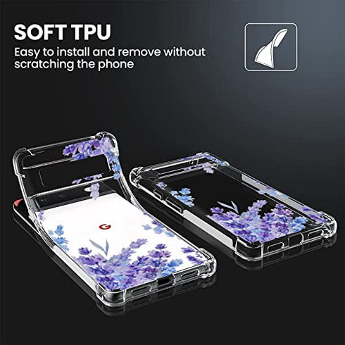 Google Pixel 6 Case Clear with Lavender Floral Flower Pattern Design for Google Pixel 6 Slim Thin Soft Silicone TPU Protective Phone Cover for Google Pixel 6 Women Girls-Purple Lavender