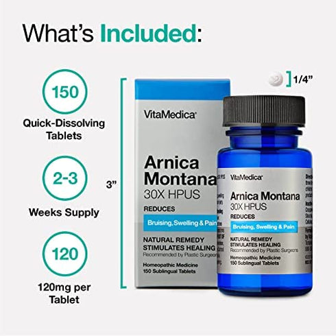 VitaMedica | Arnica Montana | 30X | HPUS | Made in USA | Plant Based | Bruising | Swelling & Inflammation | Muscle Pain Relief | Post Surgery | Homeopathic Remedies | Arnica Tablets | 150 Ct