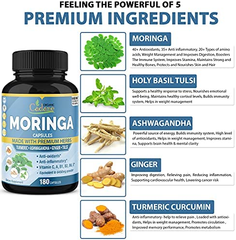 Organic Moringa Extract Capsules equivalent to 6450mg, 6 Months Supply & Ashwagandha, Tulsi, Ginger, Turmeric| Energy Booster, Immune Support| Multi Vitamin Oleifera Leaf|Antioxidant Inflammatory Herb