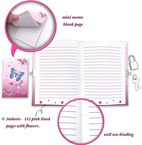 Girls Diary with Lock, Kids Journal Stationary Set for PreSchool Teen Learning Writing Drawing Age 6,8,10,12 Years Butterfly Gift with Notebook Memo NotePad Six Multicolored Pen Ruler Sharpener Eraser