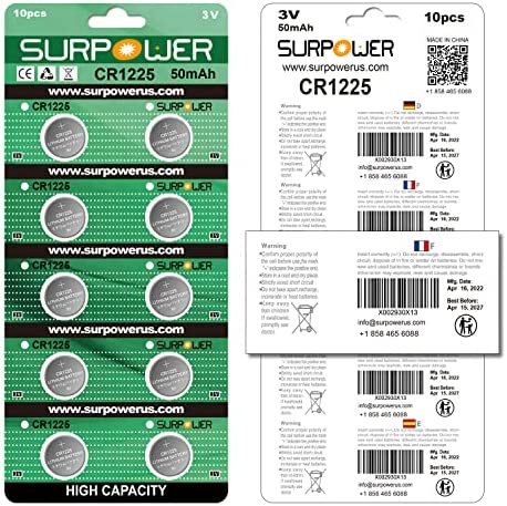 SURPOWER 10 -Pack CR1225 3V Battery for Thermometer CR 1225?5-Year Warranty?