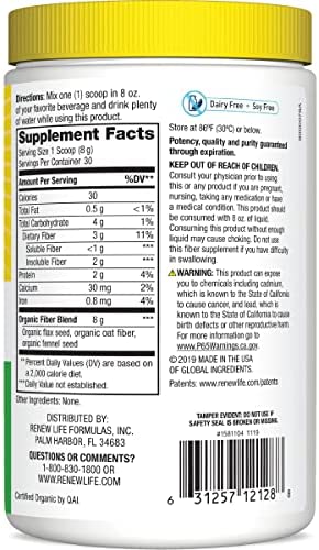 Renew Life Adult Daily Digestive Organic Prebiotic Fiber, Plant-Based Omega-3, Soluble & Insoluble Fiber Powder, Helps Reduce Constipation, Gas, & Bloating, 8.5 Oz