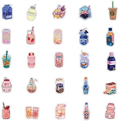 Fashionable Cartoon Beverage Bottle Stickers Pack 50Pcs Colorful Waterproof Cute Stickers for Flask, Laptop, Water Bottle, Cute Aesthetic Vinyl Doodle Decals (Sweet Drinks)