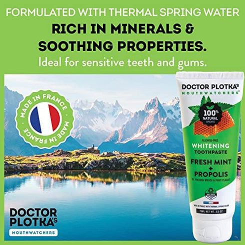 Dr Plotkas Natural Fluoride Free Whitening Toothpaste by Mouthwatchers | Organic Propolis and Fresh Organic Mint | Sensitive Teeth and Gums | | 3 Oz. Tube