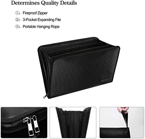 Expanding File Folder Important Document Organizer Fireproof & Waterproof Document Bag with A4 Size 3 Pockets Zipper Closure Non-Itchy Silicone Coated Portable Filing Wallet Pouch(14.3inx9.8inx1.6in)