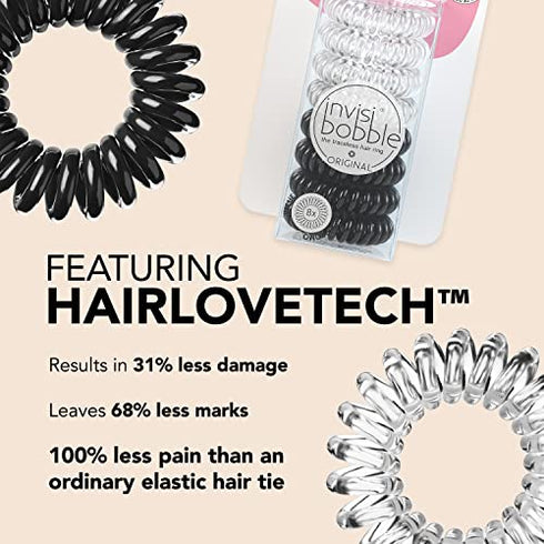 invisibobble Original Traceless Spiral Hair Ties - Pack of 8, Crystal Clear and True Black- Strong Elastic Grip Coil Accessories for Women - Non Soaking - Gentle for Girls Teens and Thick Hair