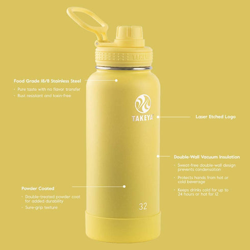Takeya Actives Insulated Stainless Steel Water Bottle with Spout Lid, 24 Ounce, Canary