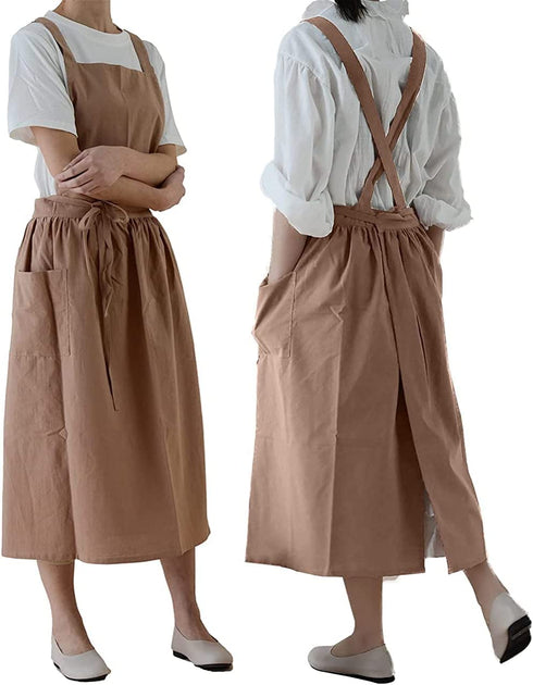 Cotton Linen Apron Japanese Style Waterproof Aprons With Pockets for Kitchen Cafe Flower Shop Smock (Light Brown)