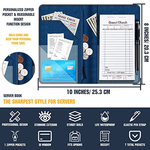 Server Book Organizer with Zipper Pocket, Aatacas PU Leather Restaurant Guest Check Presenters Card Holder for Waitress, Waiter, Bartender, With A Pen