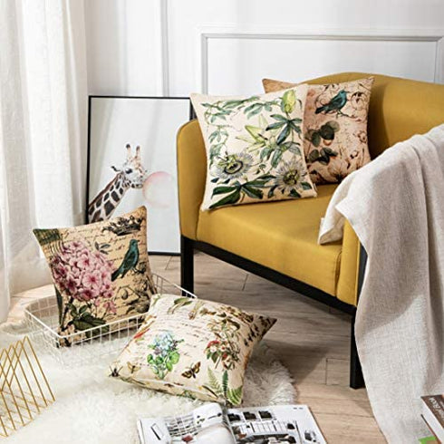 Emvency Set of 4 Throw Pillow Covers Paris French Botanical Floral Victorian Bird Rose Gardens Green Flower Decorative Pillow Cases Home Decor Square 16x16 Inches Pillowcases