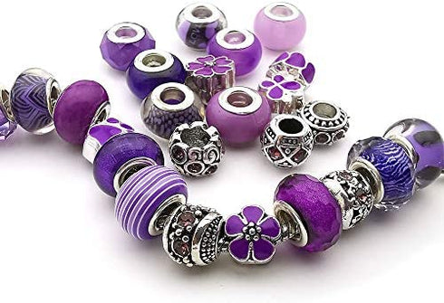 50pcs Assorted Purple Resin Imitation Glass European Large Hole Beads Rhinestone Metal Spacer Charms Bead Assortments for DIY Crafts Bracelets Necklaces Jewelry Making (M570-Purple)