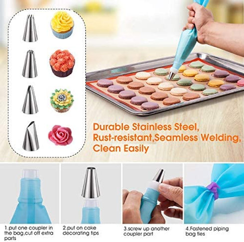 Silicone Baking Mat Macaron Mat Kit(16pcs set) Macaroon Baking Mat Set of 2 Half Sheet Macaron Silicone Mat Nonstick Macaron Mat Sheet,6 Piping Tip,2 Piping Bag with 3 Bag Tie,2 coupler (11.6"x16.5")