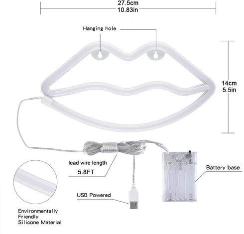 Fiee Pink Lip Shaped Neon Signs,Led Safety Art Wall Decoration Lights Neon Lights Night Table Lamp with Battery Powered/USB for Kids Gift,Baby Room,Wedding(Pink Lip)