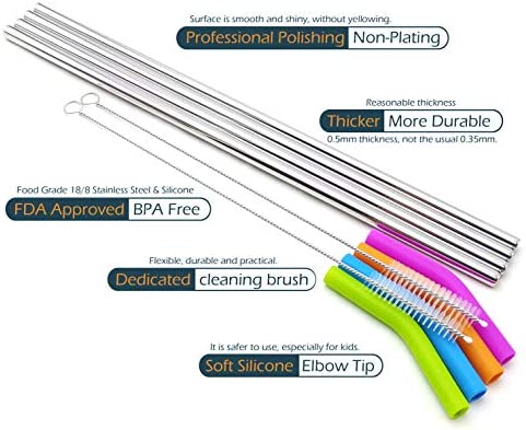 Big Drinking Straws Reusable 14.5" Extra Long 8mm Extra Wide Food-Grade 18/8 Stainless Steel Silicone Elbows Tips for Smoothie Milkshake Cocktail Juice Hot Drinks - Set of 4 + 2 Cleaning Brushes