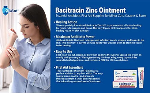 (4 Pack) Globe Bacitracin Zinc Ointment + Aloe 1oz, Antibiotic Ointment, Essential Antibiotic First Aid Supplies, Healing Action, Maximum Antibiotic Power, Prevents Infection in cuts, scrapes, Burns