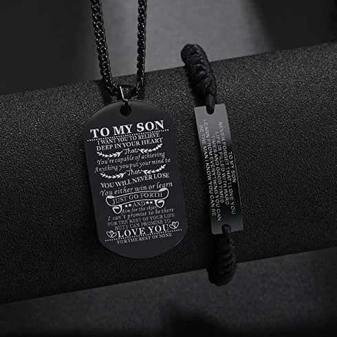 Son Gift Personalized Braided Bracelet from Mom and Dad with Dog Tag Necklace You Will Never Lose Birthday Graduation Valentines Gifts Black Stainless Steel