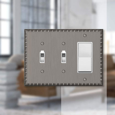 Amerelle Egg & Dart Double Toggle/Single Rocker Cast Metal Wallplate in Antique Nickel