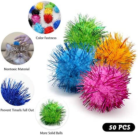 Rimobul 50PCS 1.5 INCH Sparkly Cat Toys Extra Large Cat's Favorite Chase Glitter Ball Toy Sparkle Pom Pom Balls