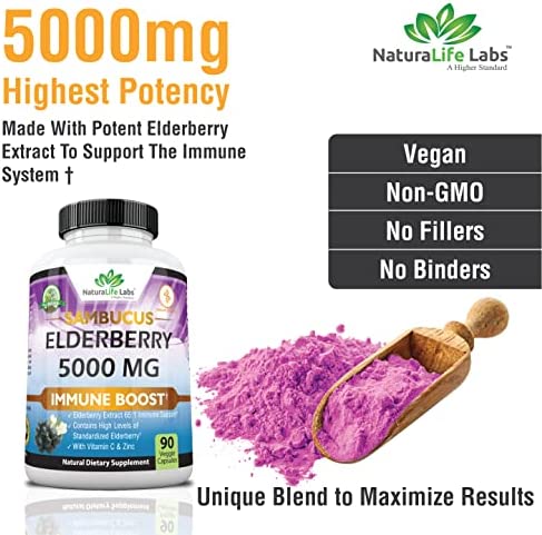 Sambucus Elderberry 5,000 mg Super Concentrated 65:1 with Vitamin C & Zinc - Sambucus Extract Immune Support, Immune Defense| Non-GMO | 90 Veggie Capsules