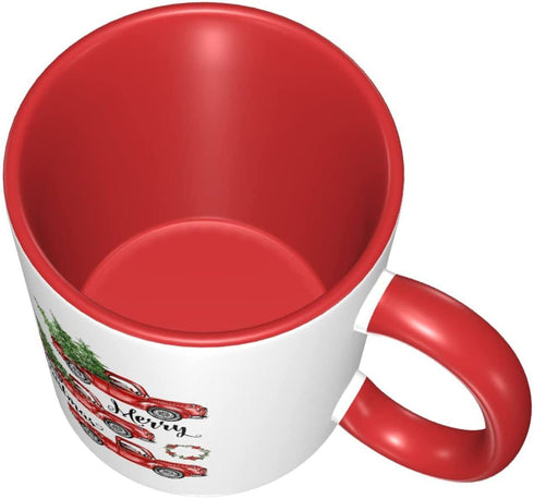 Red Christmas Coffee Truck Mug Cup for Home Office 11 Oz, Cute Funny Funky Flat Bottom Ceramic Mug Holiday Gifts for Women Men
