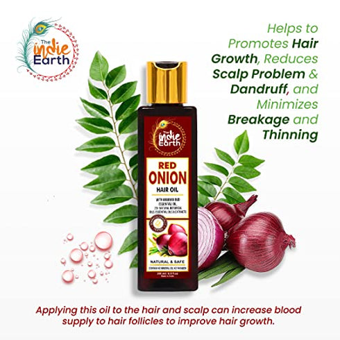 THE INDIE EARTH RED ONION ANTI HAIR LOSS & HAIR GROWTH OIL WITH PURE ARGAN, JOJOBA, ROSEMARY, BLACK SEED OIL IN PUREST FORM VERY EFFECTIVELY CONTROL HAIR LOSS, PROMOTES HAIR GROWTH 200ml