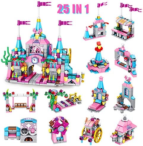 U & I Direct Building Blocks Set Toy for Girls, 25 in 1 Pink Princess Castle Building Bricks, 568 PCS STEM Construction Building Blocks Toys Set for Birthday for Kids Aged 6 7 8 9 10 11 12 Yr Old