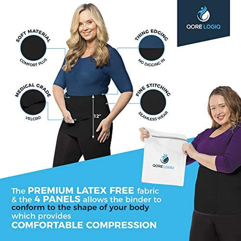 QORE LOGIQ Plus Size Abdominal Binder Post Surgery for larger Men + Women - Postpartum Belly Band - Compression Garment - Hernia Belt For Men + Woman - C Section Belly Binder - Adjustable (Black XL)