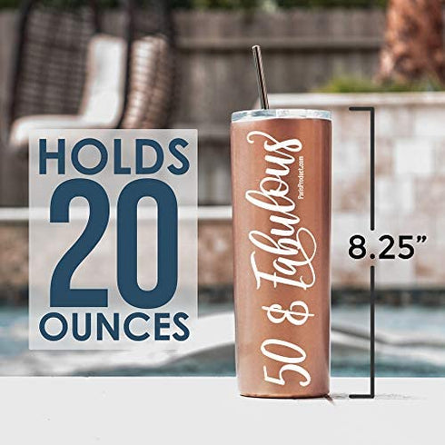 PARIS PRODUCTS CO. 50 & Fabulous Stainless Steel Wine Tumbler w Lid + Straw, Happy 50th Birthday Gifts For Her, 50th Birthday Gifts Women, 50th Birthday Decorations For Her, 50th Birthday Cup