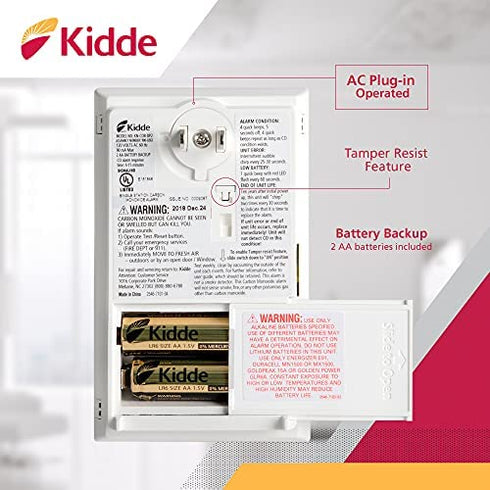 Kidde Carbon Monoxide Detector, AC Plug-In with Battery Backup, CO Alarm with Replacement Alert