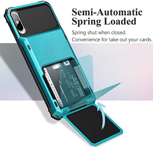 SAMONPOW Credit Card Holder Case for iPhone X iPhone Xs Case with 4 Card Holder Hard PC Soft Hybrid Rubber Anti Scratch Shockproof Heavy Duty Cover for iPhone X XS iPhone10 5.8 inch Sky Blue