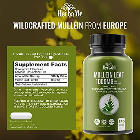 HerbaMe Mullein Leaf 1000mg, 120 Capsules, Detox Lung Cleanse, Supports Respiratory Function Health and Mucous Membranes, Lung Care, Natural Ear and Sleep Aid, Mucus Relief Herbal Supplement