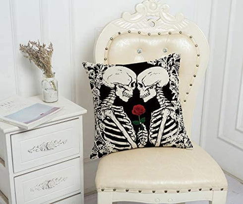 QIQIANY Skull Couple Decorative Throw Pillow Cover 18x18 Inch Square Linen Fabric Black Goth Skull Lovers Skeletons Pillow Case Home Decor Art Skull Pillow Cushion Cover for Sofa Kitchen Bedroom