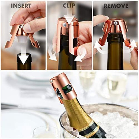 HYZ Champagne Stoppers - Stainless Steel Sparkling Wine Bottle Stopper with Pure Silicone Air Tight Seal - Professional Wine Saver for Champagne?Prosecco and Cava (2Pack Rose Gold)