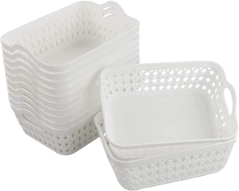 HOMMP 12-Pack White Plastic Woven Storage Basket Tray with Handle (Mini)