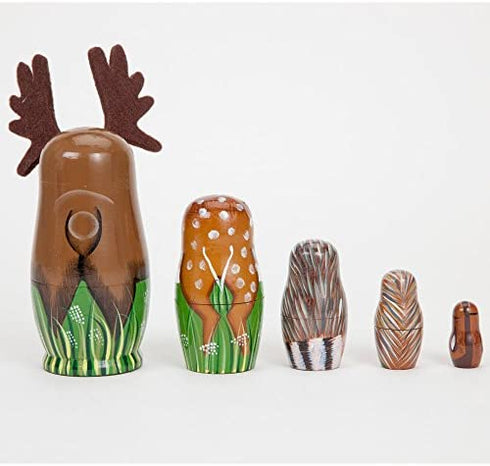 Bits and Pieces - "Woody and Friends American Woodland Creatures Nesting Dolls - Hand Painted Wooden Nesting Dolls Matryoshka Animal Figurines - Set of 5 Dolls from 5.5" Tall