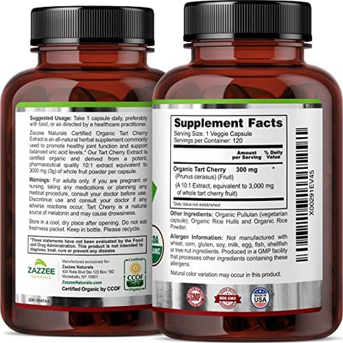 Zazzee USDA Organic Tart Cherry Extract, 120 Vegan Capsules, 3000 mg Strength, Potent 10:1 Extract, USDA Certified Organic, Non-GMO and All-Natural