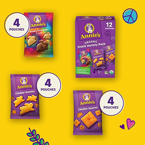 Annie's Organic Variety Pack, Cheddar Bunnies, Bunny Grahams, Cheddar Squares, 12 Pouches