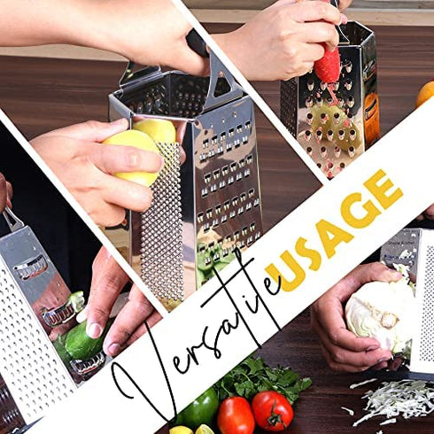 Utopia Kitchen - Cheese Grater & Shredder - Stainless Steel - 6 Sided Box Grater - Large Grating Surface with 6 Razor Sharp Blades - Non Slippery rubber bottom - Perfect to Slice, Grate, Shred & Zest Fruits, Vegetables, Cheeses & Many more! (Black)