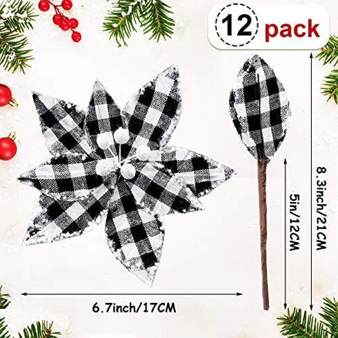 Syhood 12 Pieces Buffalo Plaid Poinsettias Christmas Tree Ornaments Artificial Christmas Flowers with Glitter Powder for Christmas Tree Wreaths Garland Holiday Decorations 6.7 Inch (Black and White)