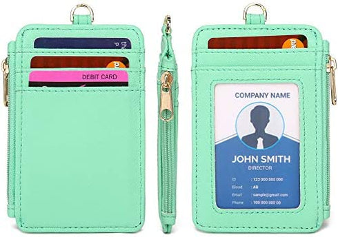 Leamekor ID Badge Holder with Neck Lanyard PU Leather ID Badge Wallet Case with 1 ID Window, 4 Card Slots, 1 Side Zipper Pocket