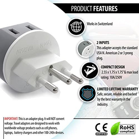 Switzerland Power Plug Adapter by OREI with 2 USA Inputs - Travel 3 Pack - Type J (US-11A) Safe Grounded Use with Cell Phones, Laptop, Camera Chargers, CPAP, and More
