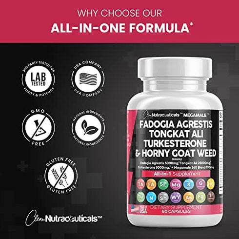 Fadogia Agrestis 5000mg Tongkat Ali 25000mg Turkesterone 5000mg Supplement with Horny Goat Weed, Saw Palmetto, Maca Root, Siberian Ginseng, Tribulus Terrestris, Fenugreek, Wild Yam USA - 60 Count