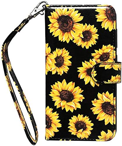 J.west Sunflower Wallet Case Compatible with iPhone 12 Pro Max 6.7", Yellow Vintage Floral Magnetic Leather Stand Wrist Strap 4 Card Holder ID Slots Pocket Flip Phone Case Cover for Women Girls