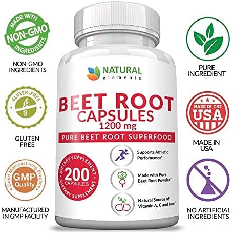 Beet Root Capsules - 1200mg Per Serving - 200 Beet Root Powder Capsules - Beetroot Powder Supports Blood Pressure, Athletic Performance, Digestive, Immune System (Pure, Non-GMO & Gluten Free)