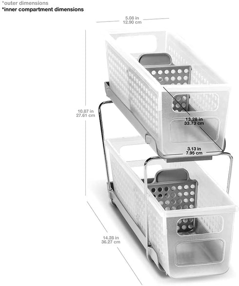 madesmart 2-Tier Organizer Bath Collection Slide-out Baskets with Handles, Space Saving, Multi-purpose Storage & BPA-Free, Mini, Frost-With Dividers