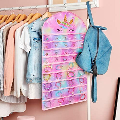 FIOBEE Girls Hanging Jewelry Organizer Holder Unicorn Jewelry Storage Display with Hanger for Kids Earrings Necklace Bracelet