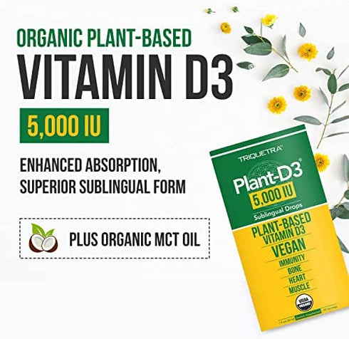 Plant-D3 Organic Vitamin D3 5000 IU - Vegan, Max Strength Sublingual Liquid D3 Drops - 200% Higher Absorption - 100% Plant-Based Cholecalciferol Form - Adjustable Dosing for All Ages (1oz Liquid)